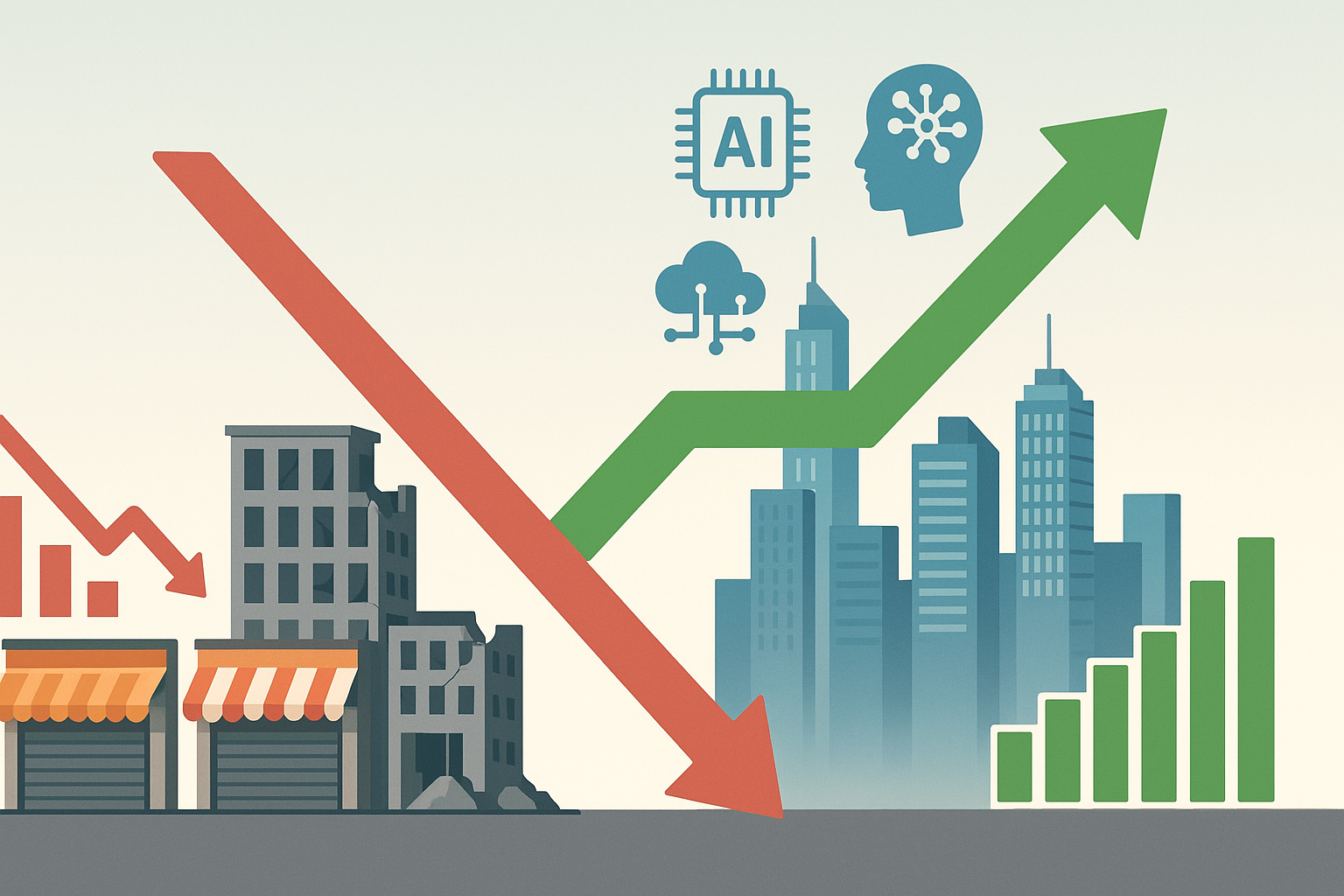 Create a clean, flat-style landscape illustration (16:9) showing a single “K” shape at the center, formed by two diverging arrows. The upward arm (right side) is green and points to modern skyscrapers, digital/AI icons, and a rising bar chart. The do
