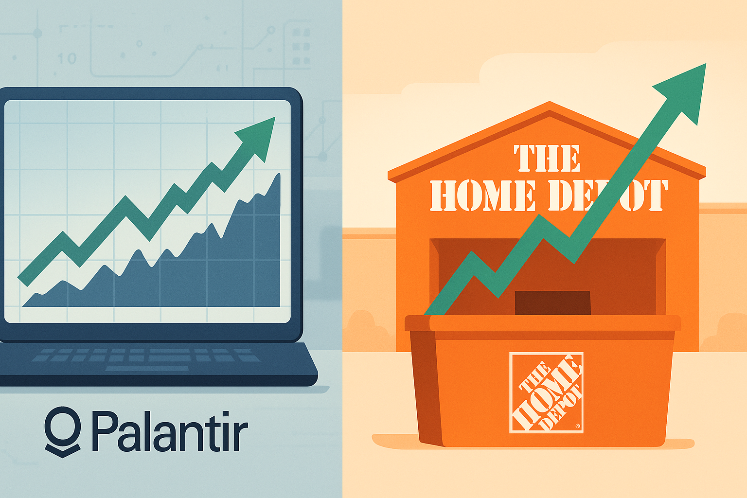 Create a clean, landscape-oriented (16:9) digital illustration that clearly conveys two leading stock movers side by side:

Left half:
- A sleek computer or tablet screen showing a rising stock chart with a bold green arrow.
- Subtle data-analytics m