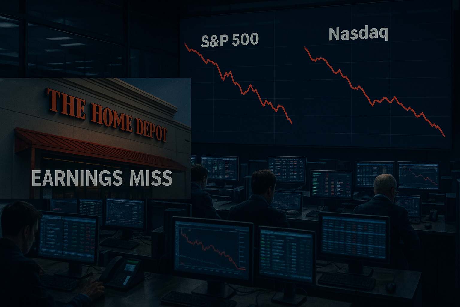 Create a high-resolution, photo-realistic landscape (16:9) illustration of a modern stock-trading floor. In the background, large electronic screens display red, downward-sloping line charts labeled “S&P 500” and “Nasdaq.” In the foreground, include 