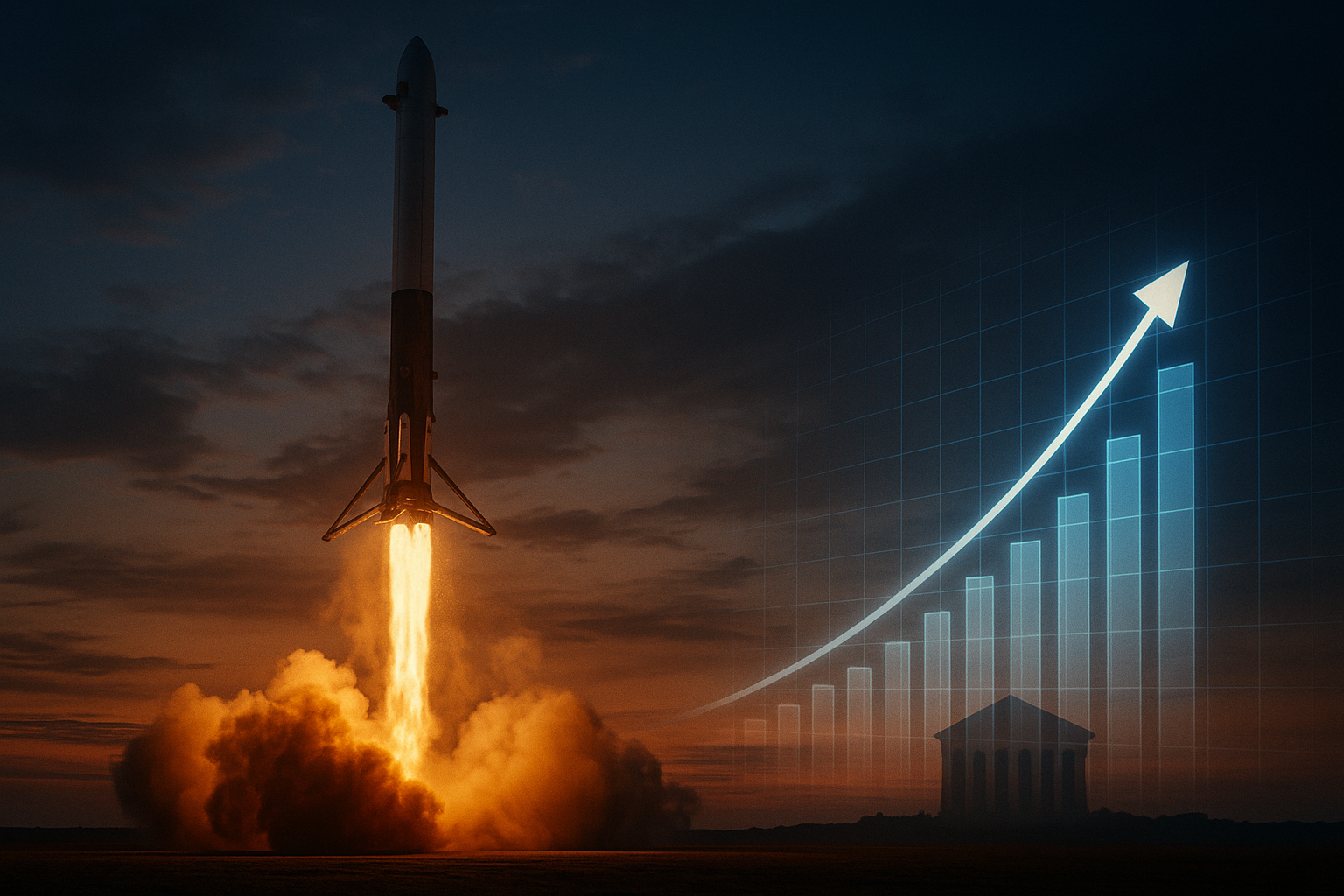 A realistic, cinematic 16:9 landscape scene centered on a SpaceX-style rocket lifting off against a dusk sky. In the lower right, a semi-transparent upward-trending stock chart with glowing grid lines and an arrow points toward the rocket. On the dis