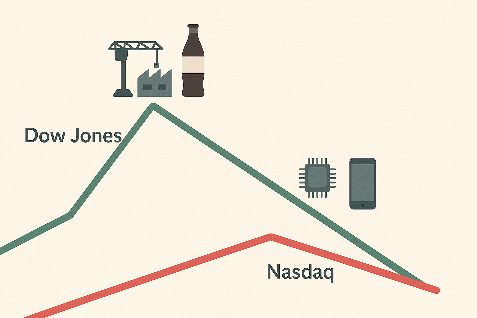 Prompt for AI image generation:

“Create a clean, landscape-oriented (16:9) digital illustration in a simple infographic style. In the center, show a two-line stock chart on a light background: a solid green line rising sharply to a new peak on the l