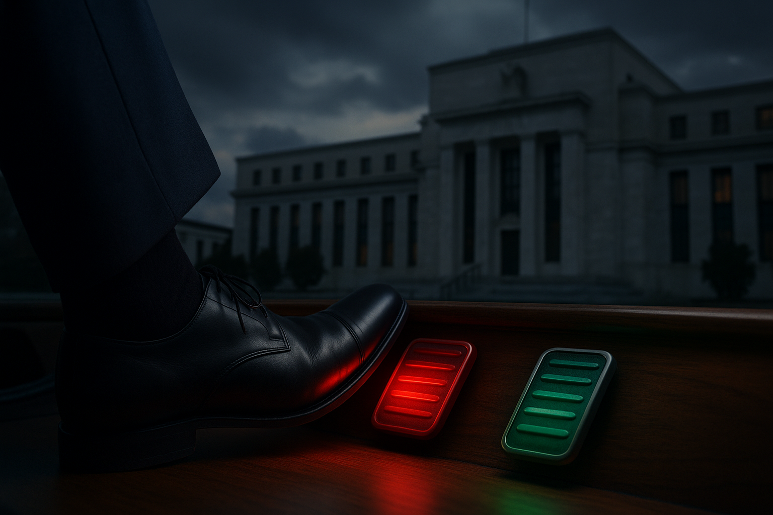 Create a 16:9 landscape, photorealistic scene: in the foreground, a polished business‐shoe–clad foot hesitates between a glowing red brake pedal and a glowing green accelerator pedal mounted on a wooden dashboard. In the softly blurred background sta