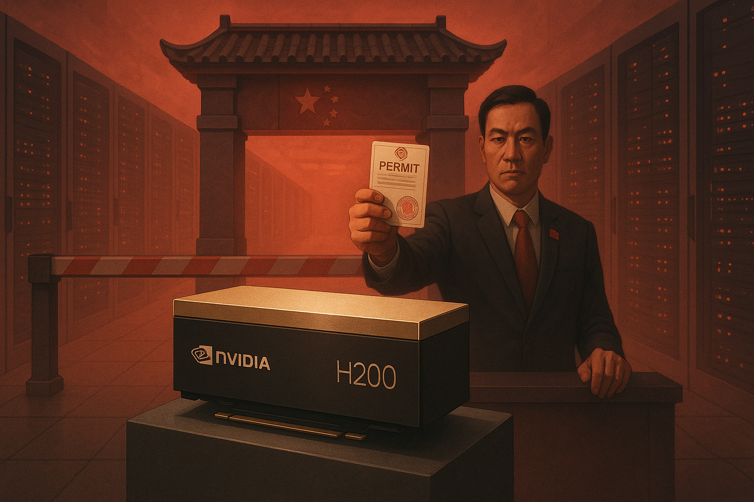 Create a 16:9 landscape digital illustration, in a realistic style, showing a high-tech server room bathed in soft red and yellow light. In the foreground, a single Nvidia H200 accelerator card sits prominently on a sleek pedestal. Behind it stands a