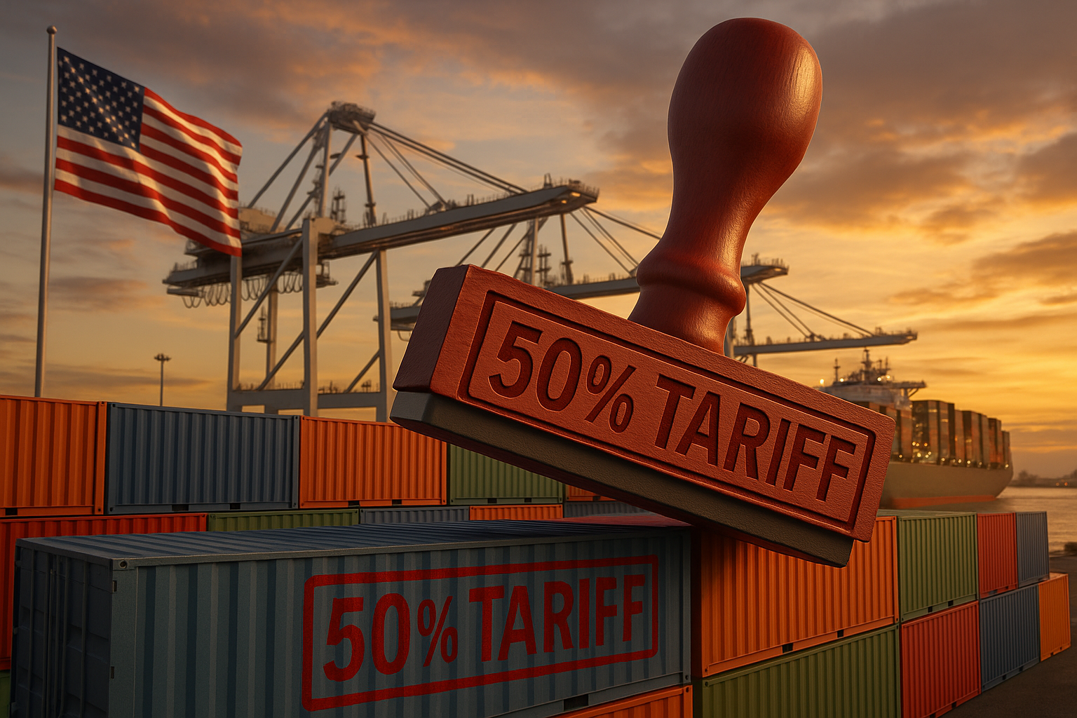 Create a landscape-oriented (16:9) photorealistic image depicting an industrial shipping port at dusk. In the foreground, a giant red rubber stamp imprinted with “50% TARIFF” is pressing down onto a row of multicolored international shipping containe