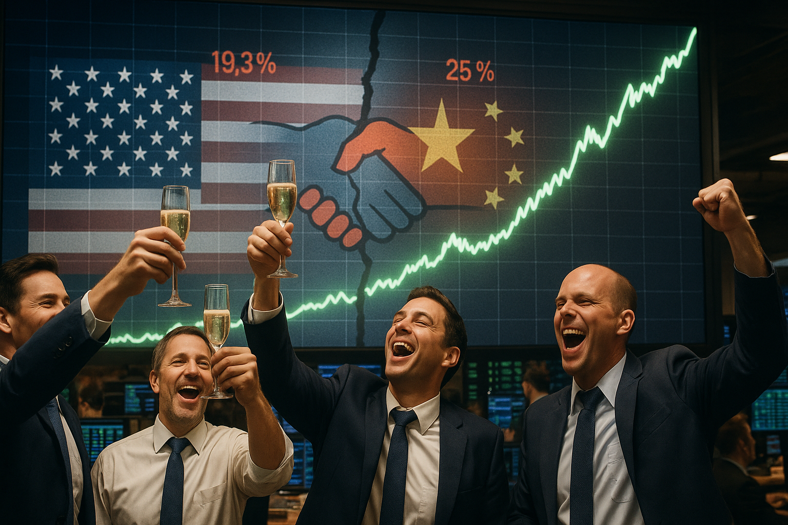 Create a 16:9 landscape-oriented, photo-realistic digital scene that conveys the contrast between Wall Street’s euphoria and the enduring US–China trade tensions:

• In the foreground, a handful of traders on a busy exchange floor are cheering and ra