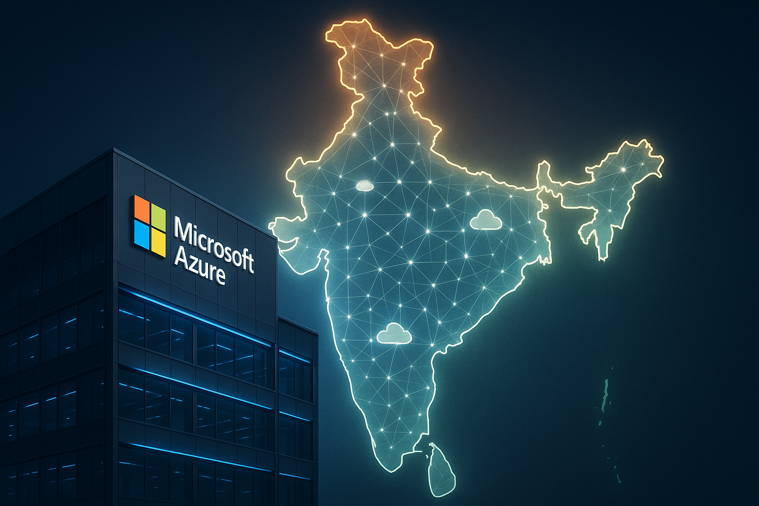 Create a 16:9 landscape digital illustration:

• In the foreground, a sleek, modern glass-and-steel data-center building with the Microsoft Azure logo, lit by cool blue accent lights  
• Behind it, a semi-transparent outline of the Indian subcontinen