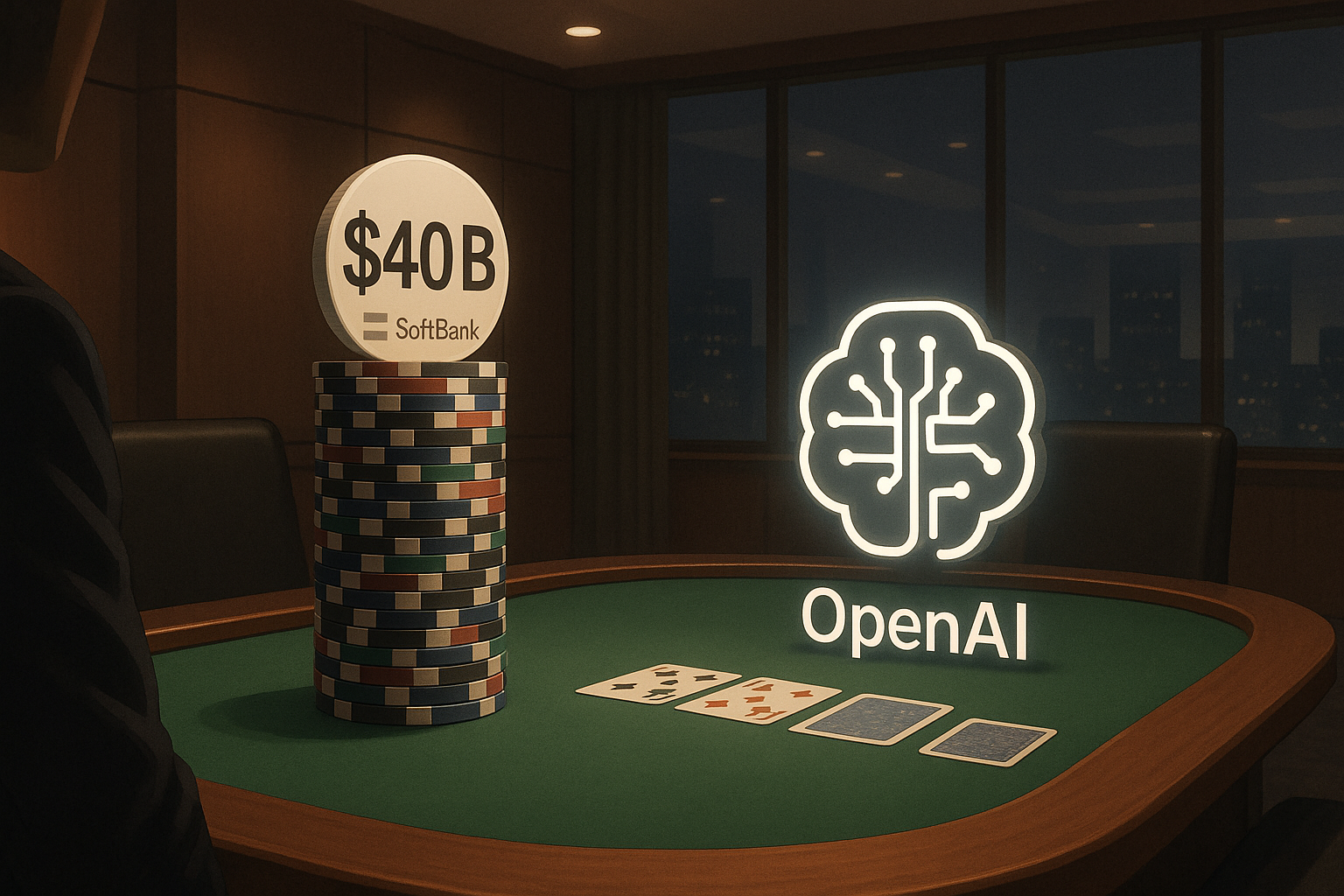 Create a realistic, landscape-oriented (16:9) corporate-style illustration of a high-stakes poker game in a sleek boardroom. In the center, a green-felt poker table holds a single massive stack of chips labeled “$40 B” with the SoftBank logo, facing 