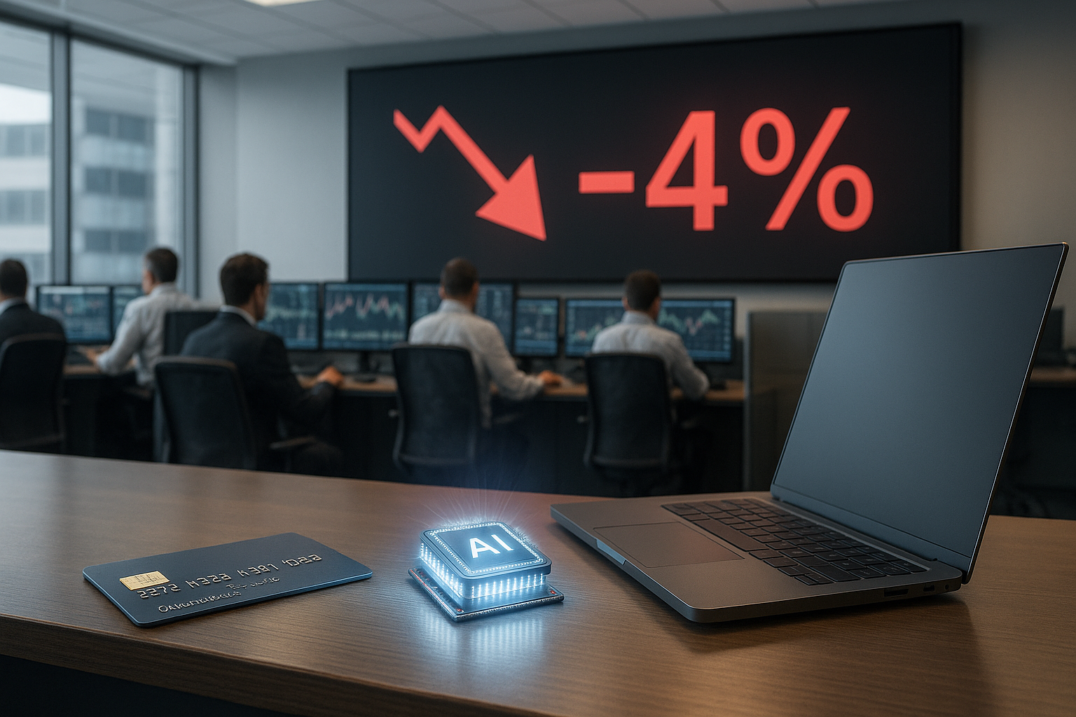 Generate a landscape‐oriented (16:9) realistic corporate illustration: inside a modern bank trading room, a large electronic ticker on the wall displays a red downward arrow with “–4%,” and in the foreground on a sleek desk lie a credit card and a sm