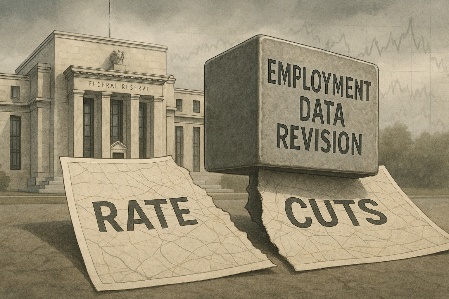 Landscape 16:9, realistic-illustrative style: In the foreground, a large paper roadmap labeled “Rate Cuts” is torn in half by a heavy block stamped “Employment Data Revision.” Behind it, the neoclassical façade of the U.S. Federal Reserve building lo