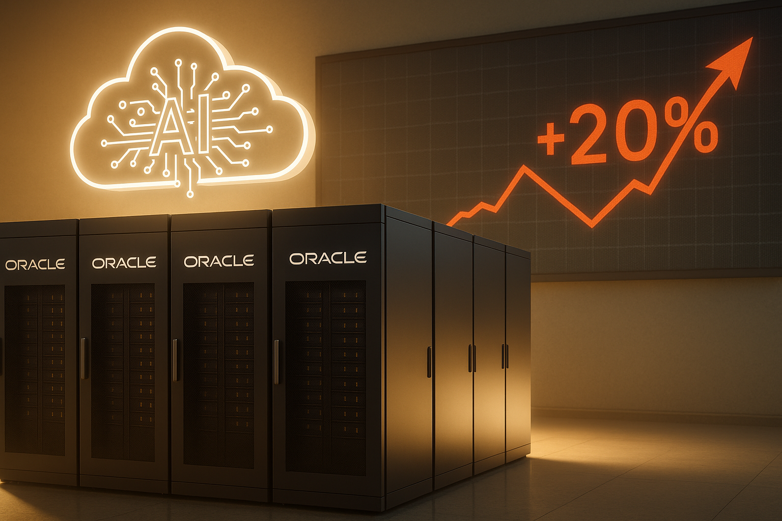Create a photo-realistic, landscape-oriented (16:9) scene that focuses on Oracle’s transformation into an AI cloud powerhouse. Center a row of sleek, modern server racks bathed in soft, golden light to suggest a “renaissance.” Above them, a semi-tran