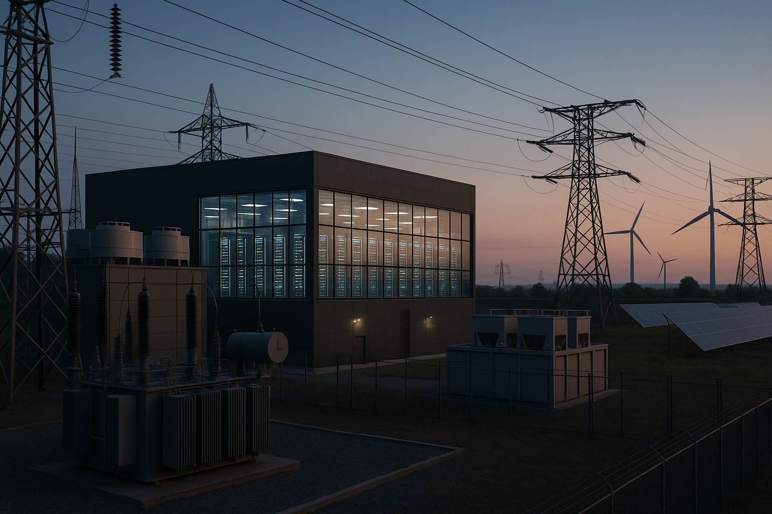 A realistic, landscape-oriented (16:9) scene depicting the unglamorous infrastructure powering AI: in the foreground, a high-voltage substation with transformers and power lines; behind it, a modern data-center building at twilight, its glass façade 
