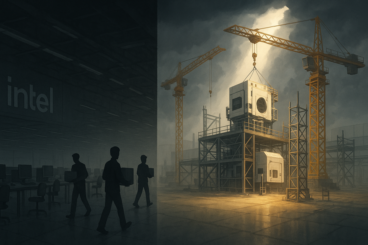 Create a 16:9, landscape‐oriented, semi-realistic illustration showing a single large semiconductor foundry factory floor with an understated “Intel” logo. On the left side, rows of empty workstations under dim light and a few figures carrying box fi